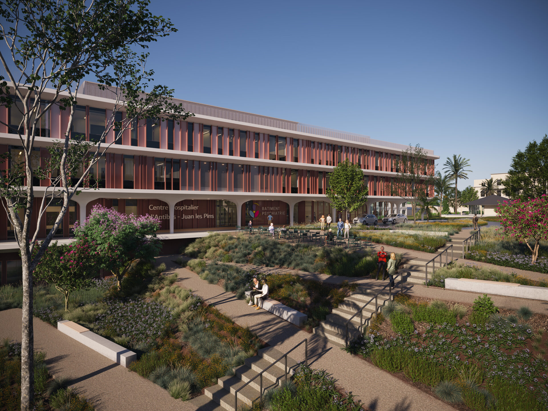 Jardin thérapeutique du Centre Hospitalier in Antibes, a hospital landscaping project by A26, combining sustainable hospital design and green spaces for hospital rehabilitation and patient well-being.