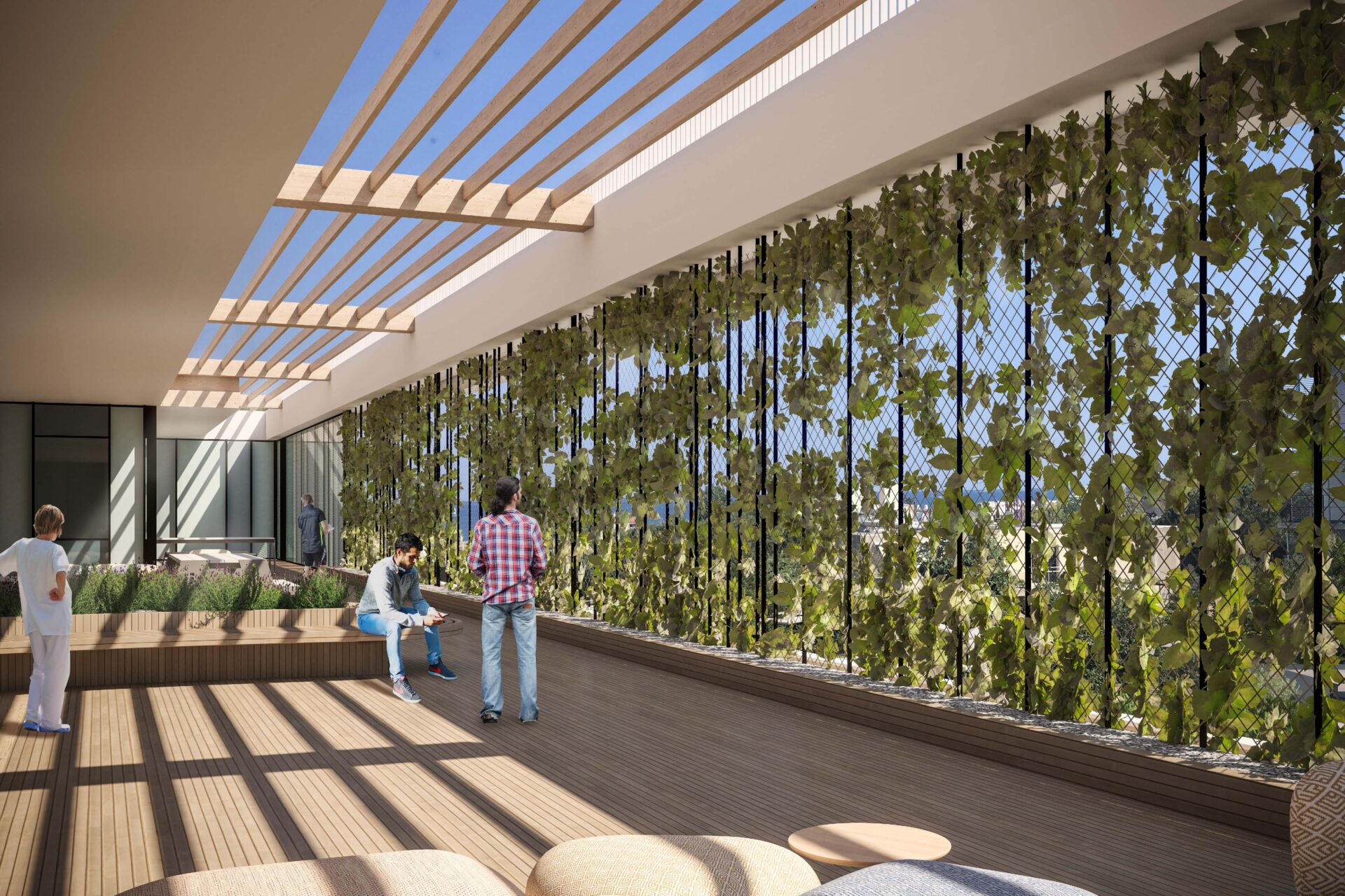 Hospital terrace with pergola and climbing vegetation at the Centre Hospitalier in Antibes, illustrating A26's commitment to sustainable healthcare and the optimization of outdoor care spaces